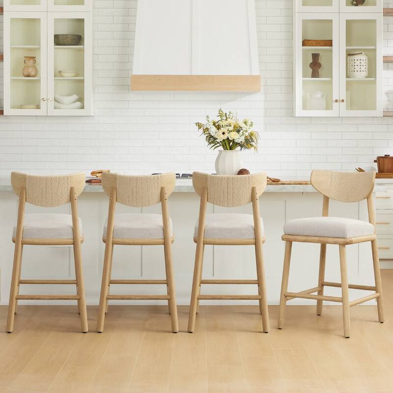 Spruce & Spring Boho Woven Bar Stool with Curved Back - Set of 4 - Linen