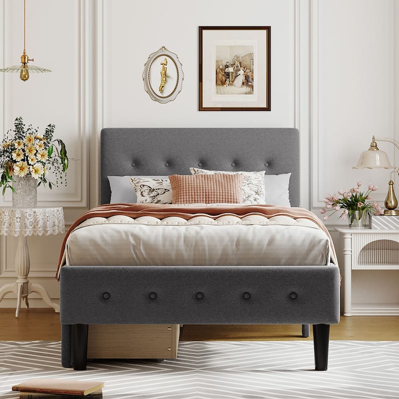 Grey Upholstered Twin Platform Bed with Button Tufted Headboard and Storage Drawers