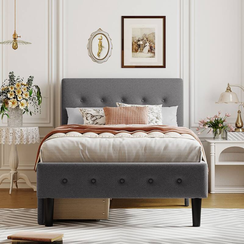 Twin Size Upholstered Platform Bed with Headboard and Two Drawers, Upholstered Bed Frame with Storage and Wood Slat