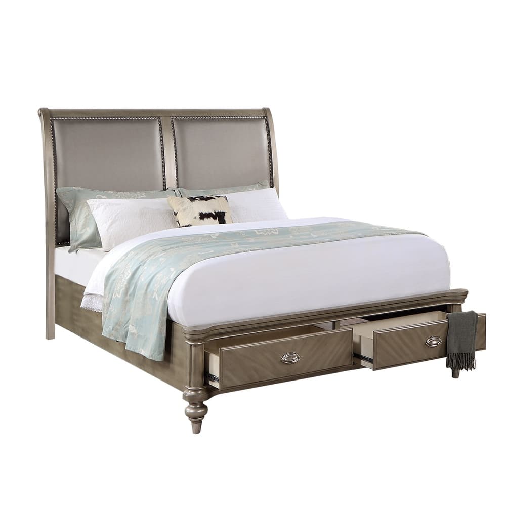Wooden Bed with 2 Storage Drawers in Antique Silver