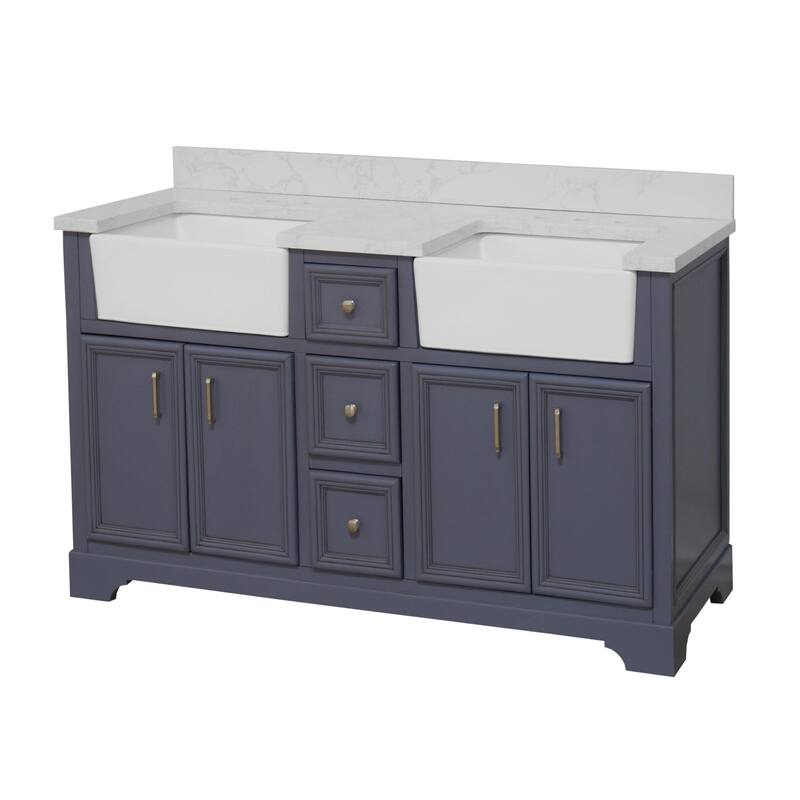 KitchenBathCollection Zelda 60" Double Farmhouse Bathroom Vanity with Engineered Carrara Top