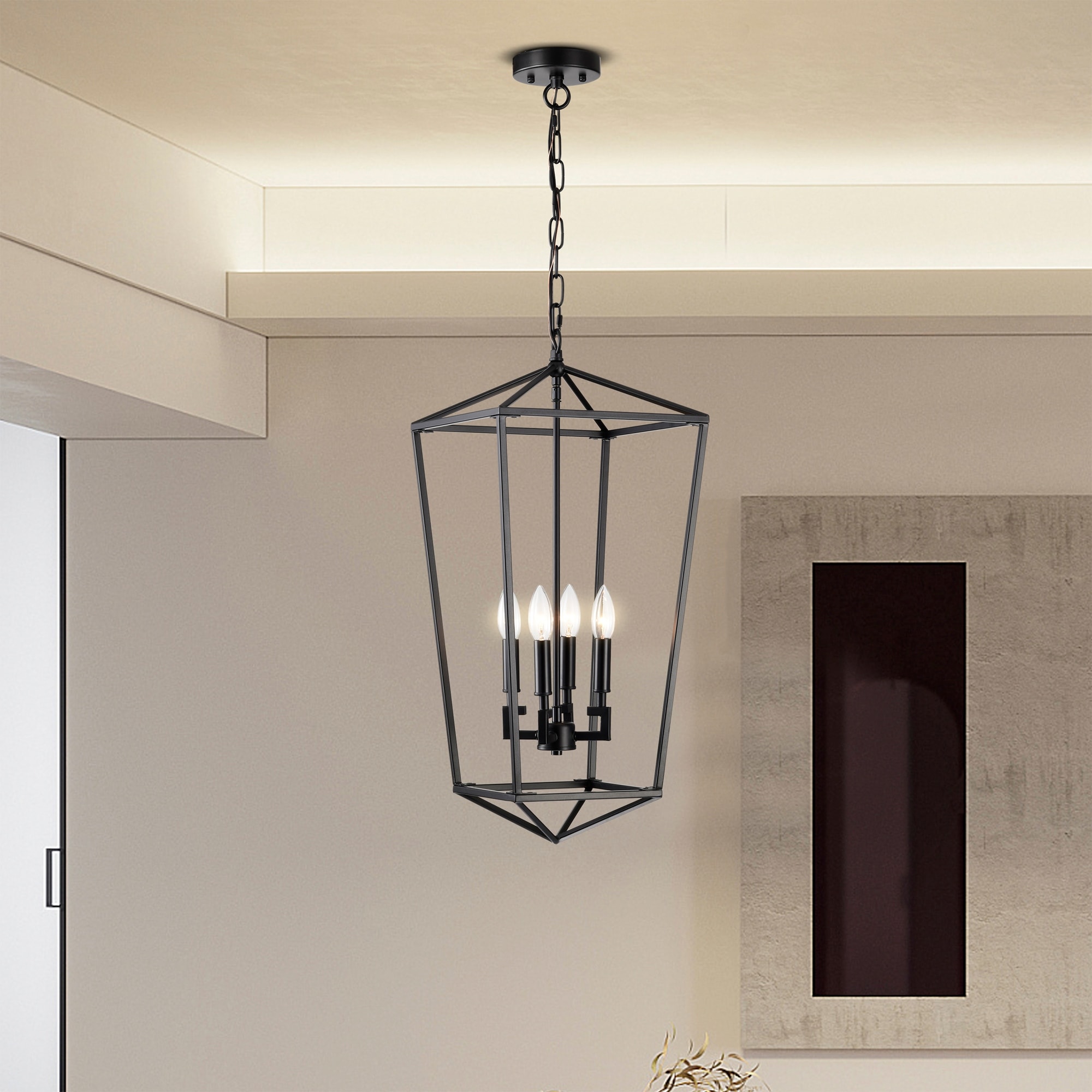 Warehouse of Tiffany Casper 4-Light Caged Lantern Style Chandelier Ceiling Light with Matte Black Finish