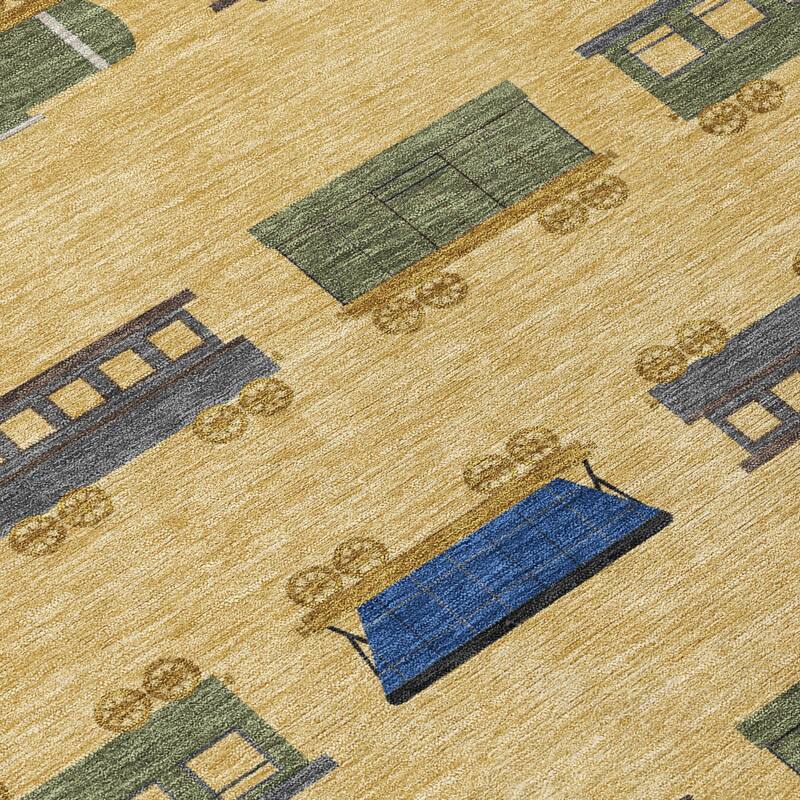 Machine Washable Indoor/ Outdoor Modern Train Chantille Rug
