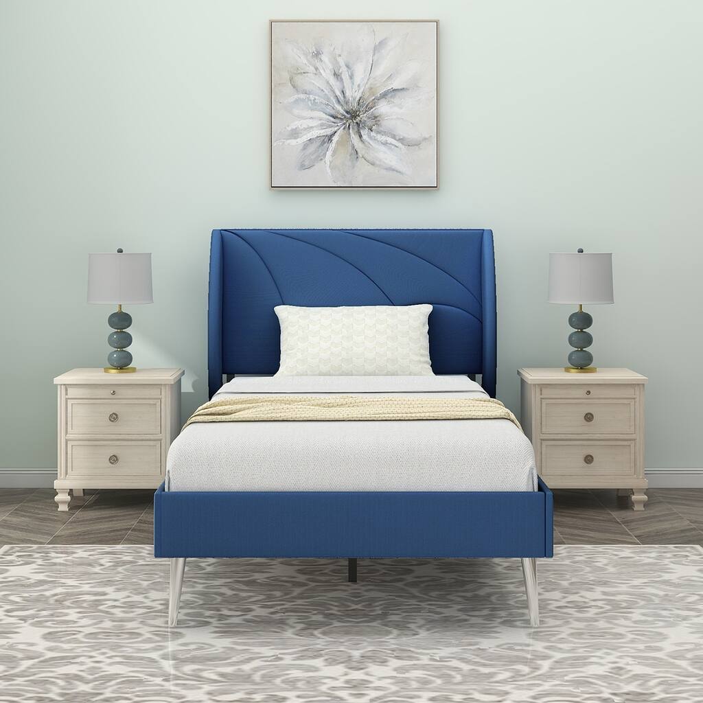 Navy Linen Upholstered Twin Bed