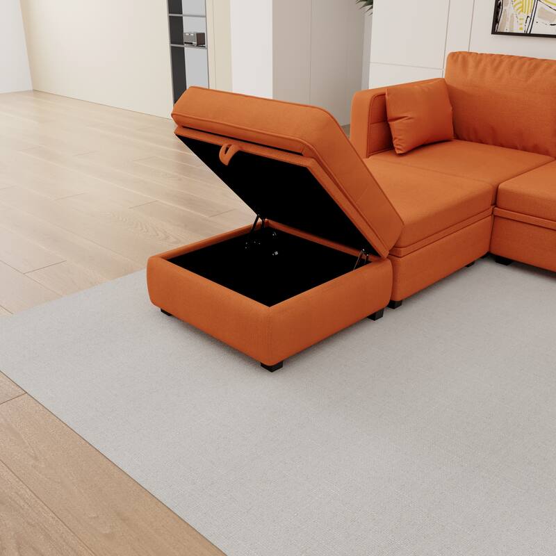 6-Seat U-Shaped Modular Reversible Sectional Sofa with Storage Ottoman