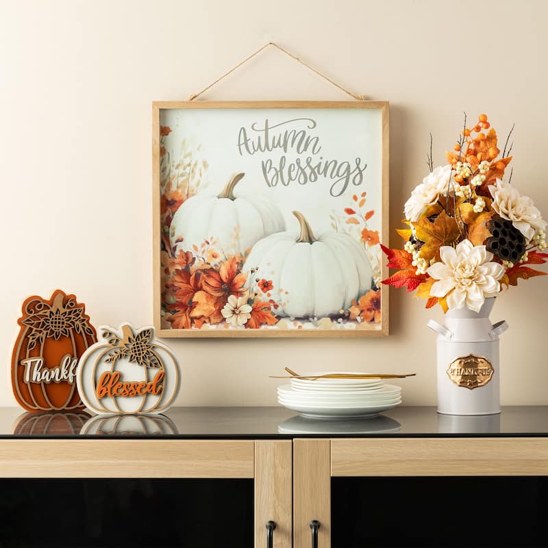 Glitzhome 15.75"H Fall Wooden Ivory Pumpkin Autumn Greeting Wall Art