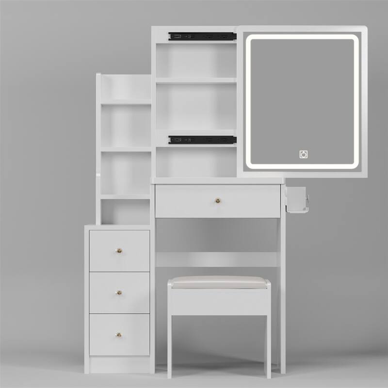 Vanity Table with Cushioned Stool,Adjustable Touch Control LED Mirror