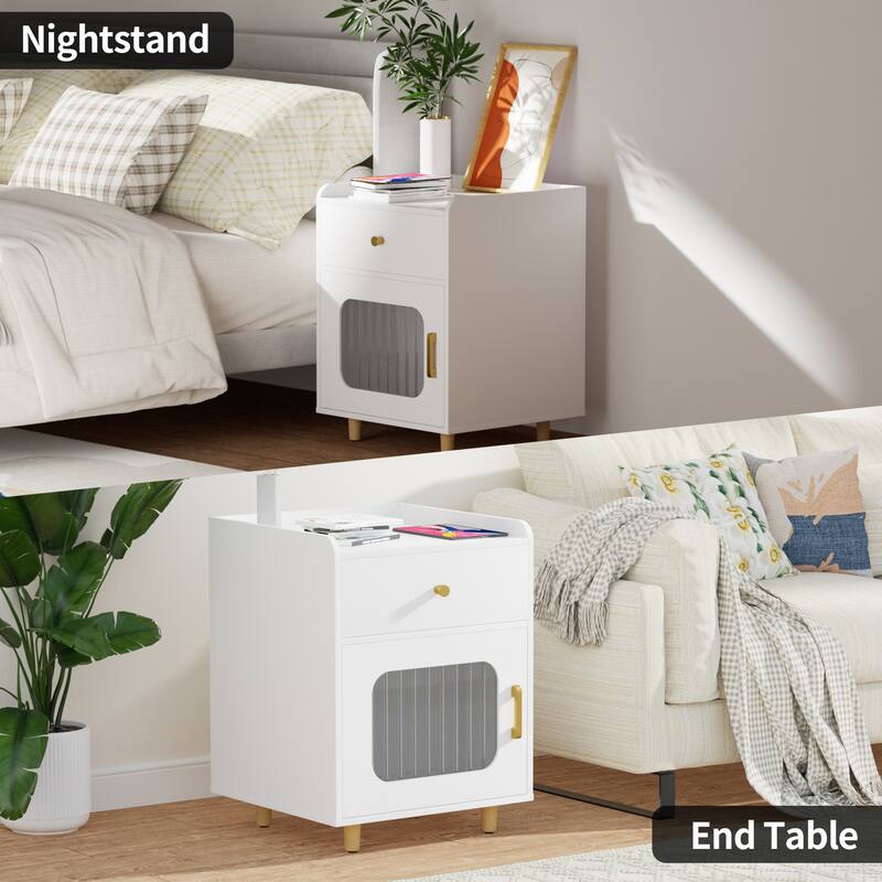 Modern Wooden Nightstand End Table with Drawer and Glass Door for Bedroom
