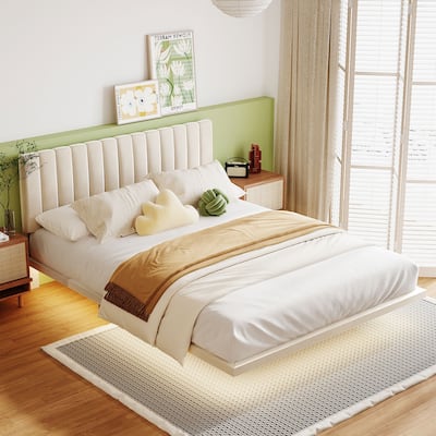 Queen Velvet Platform Bed with Headboard and Motion Sensor Light, Modern Design