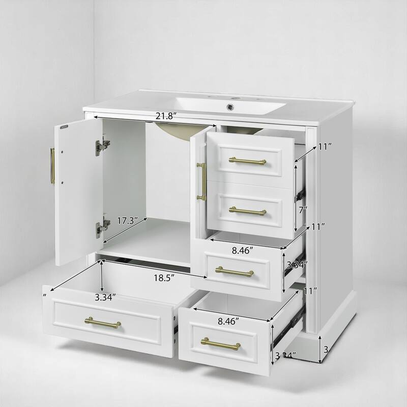 36 Inch Bathroom Vanity with Sink, Freestanding Cabinet with Gold Handles, Soft-Close Doors & Drawers