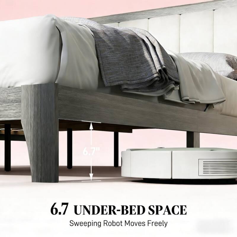 Rubber Wood Platform Bed Frame with Linen Fabric Upholstered Headboard/Adjustable Feet/No Box Spring Needed/Easy Assembly - Gray