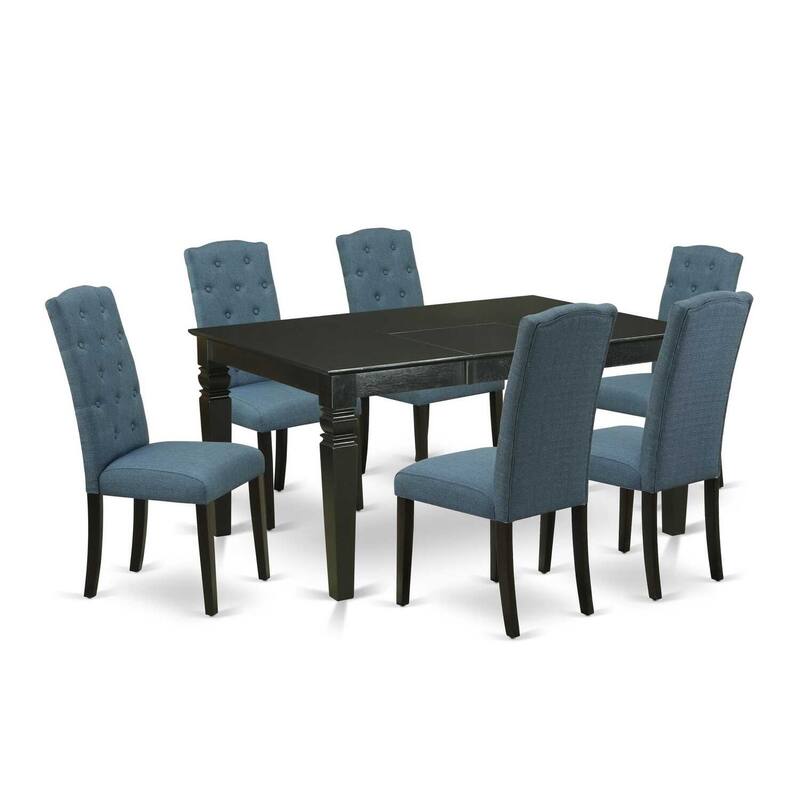 7Pc Dinette Set - Kitchen Table with Leaf & 6 Parsons Chairs - Black & Blue Fabric - 60
