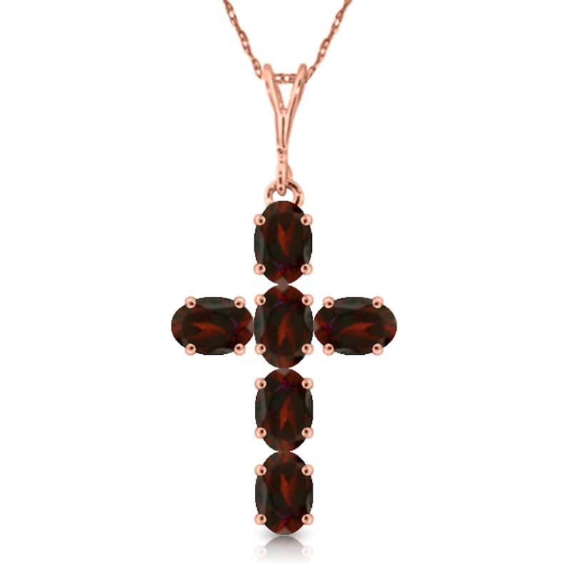 1.5 Carat 14K Solid Gold Cross Gemstone Necklace Natural Garnet - 22 Inch - Rose