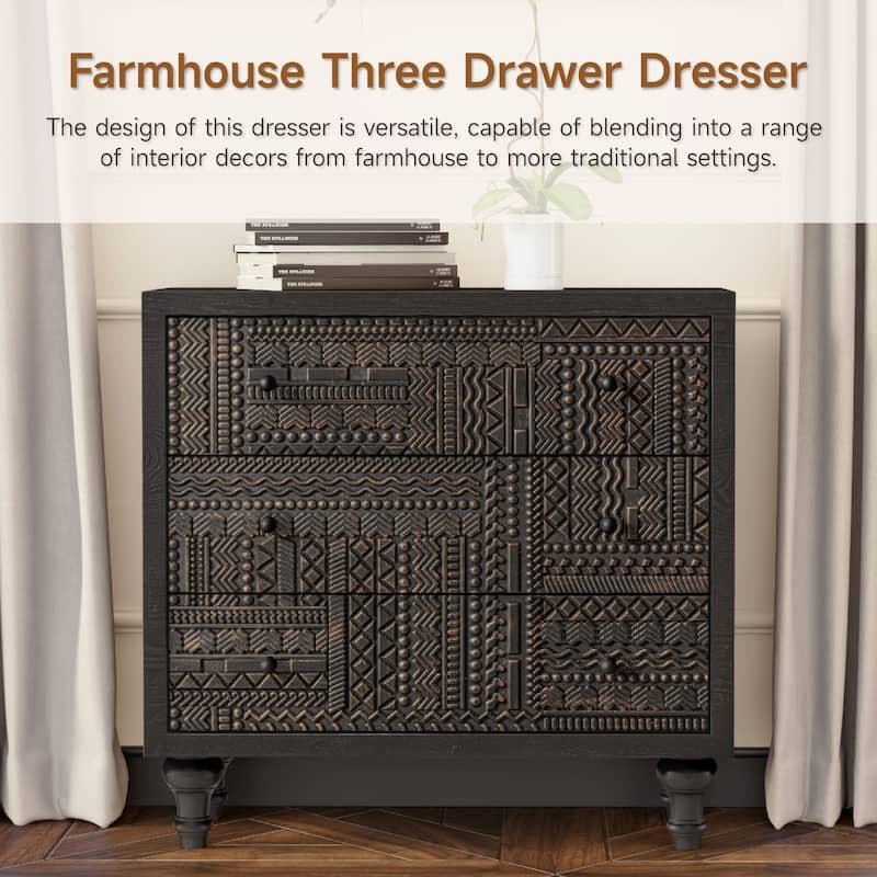 COZAYH 3 Drawer Farmhouse Dresser with Geometric Carved Pattern, Vintage Accent Wood Storage Chest for Living Room, Bedroom