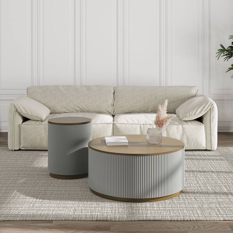 Modern Round Coffee Table，Wood Coffee Table, Solid Wood Veneer, For Living Room, Gray