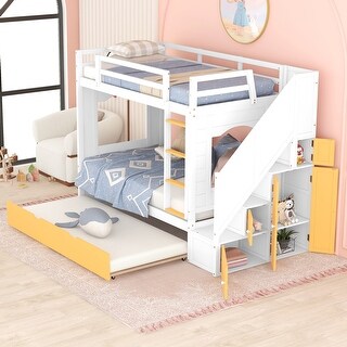Twin Over Twin Solid Wood Bunk Bed with Trundle ,Stairs,Ladders ...
