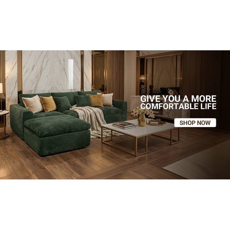 Corduroy Sectional Cloud Couch with Movable Ottoman, High-Density Boneless Sponge Sofa, L-Shape Deep Seat Corner Sofa - Green