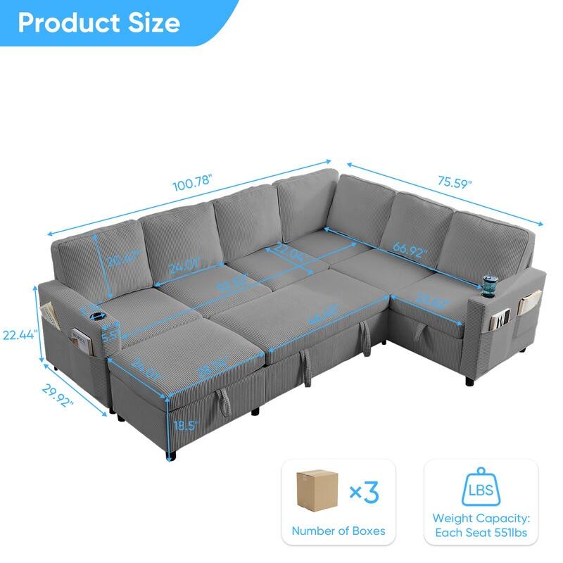 Mixoy 6 Seat U-Shaped Modular Sectional Sofa with Pull Out Bed, Sleeper Sofa Bed with Cup Holders & Storage