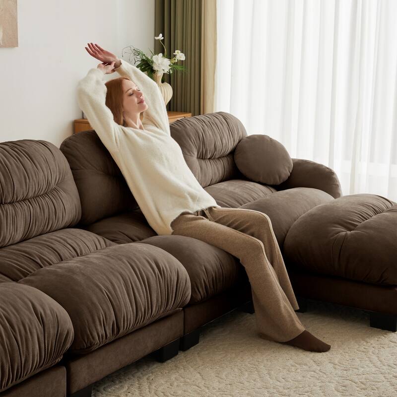 116" Chenille Pleated Design Sectional Sofa with Ottoman and 2 Round Pillows