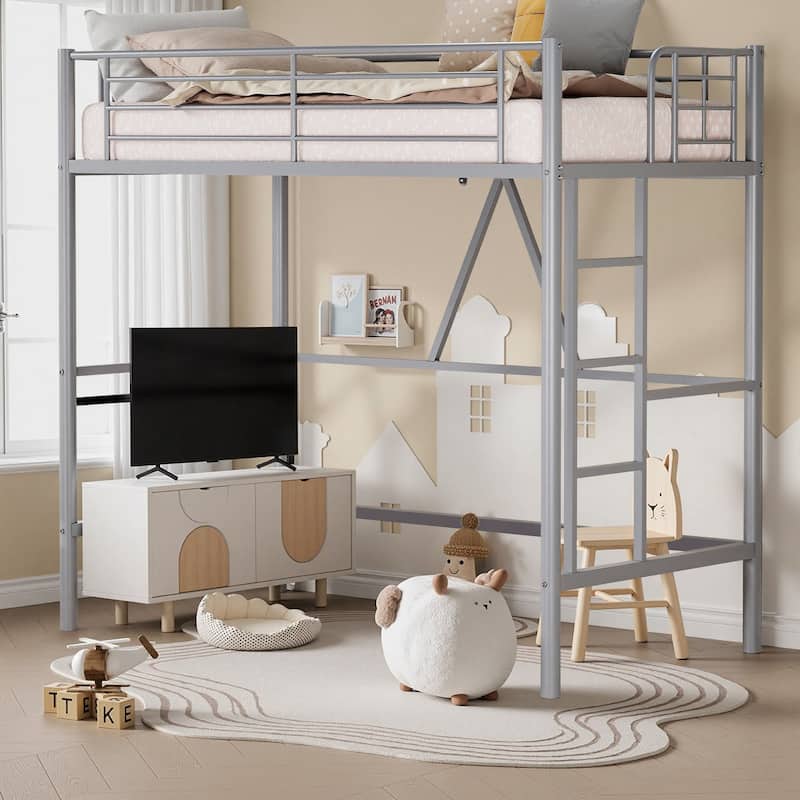 Twin Kids Loft Metal Bed with Reversible Stairs 400lb Capacity Space Saving Under Bed Study Play Area - Grey