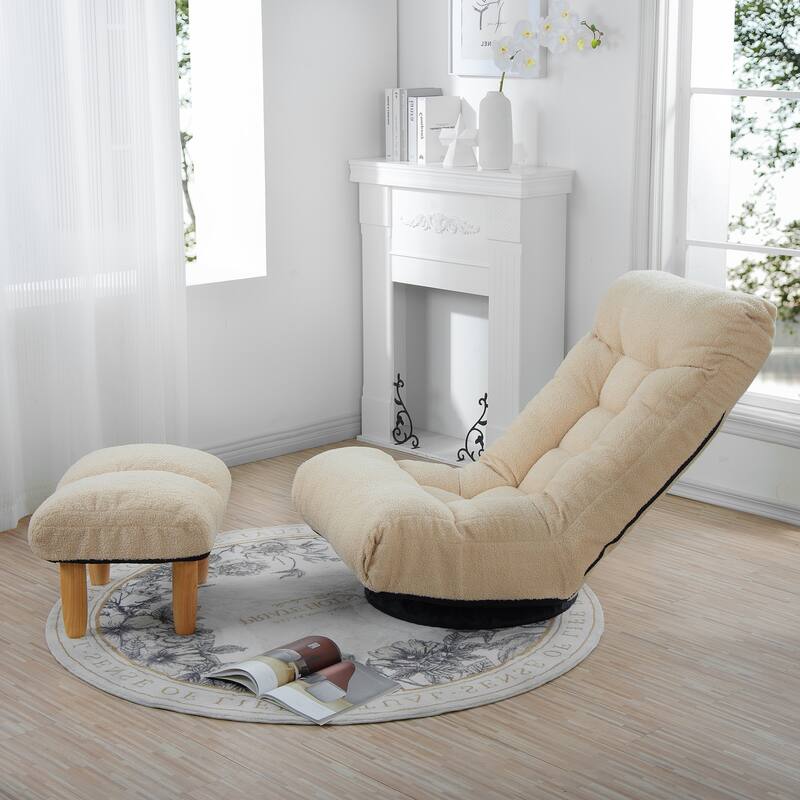 Beige Boucle Upholstered 360° Swivel Armless Manual Leisure Recliner Set with Ottoman, Adjustable Headrest and Backrest