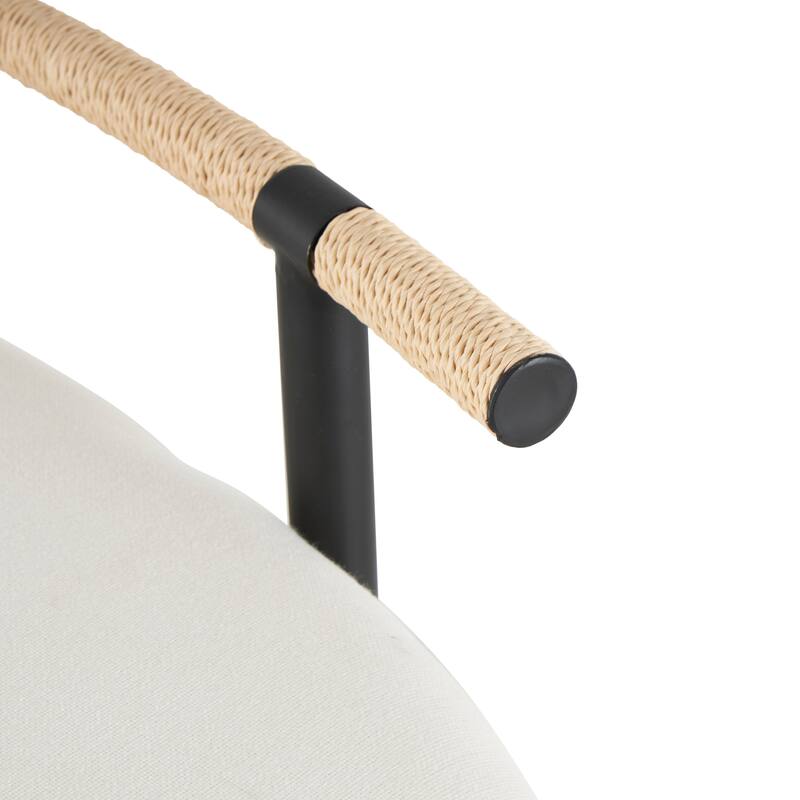 White Metal Upholstered Oval Abstract Bench with Black Metal Frame and Rope Rod Backrest