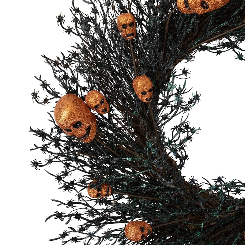 Black and Orange Skulls and Spiders Halloween Twig Wreath 22-Inch Unlit
