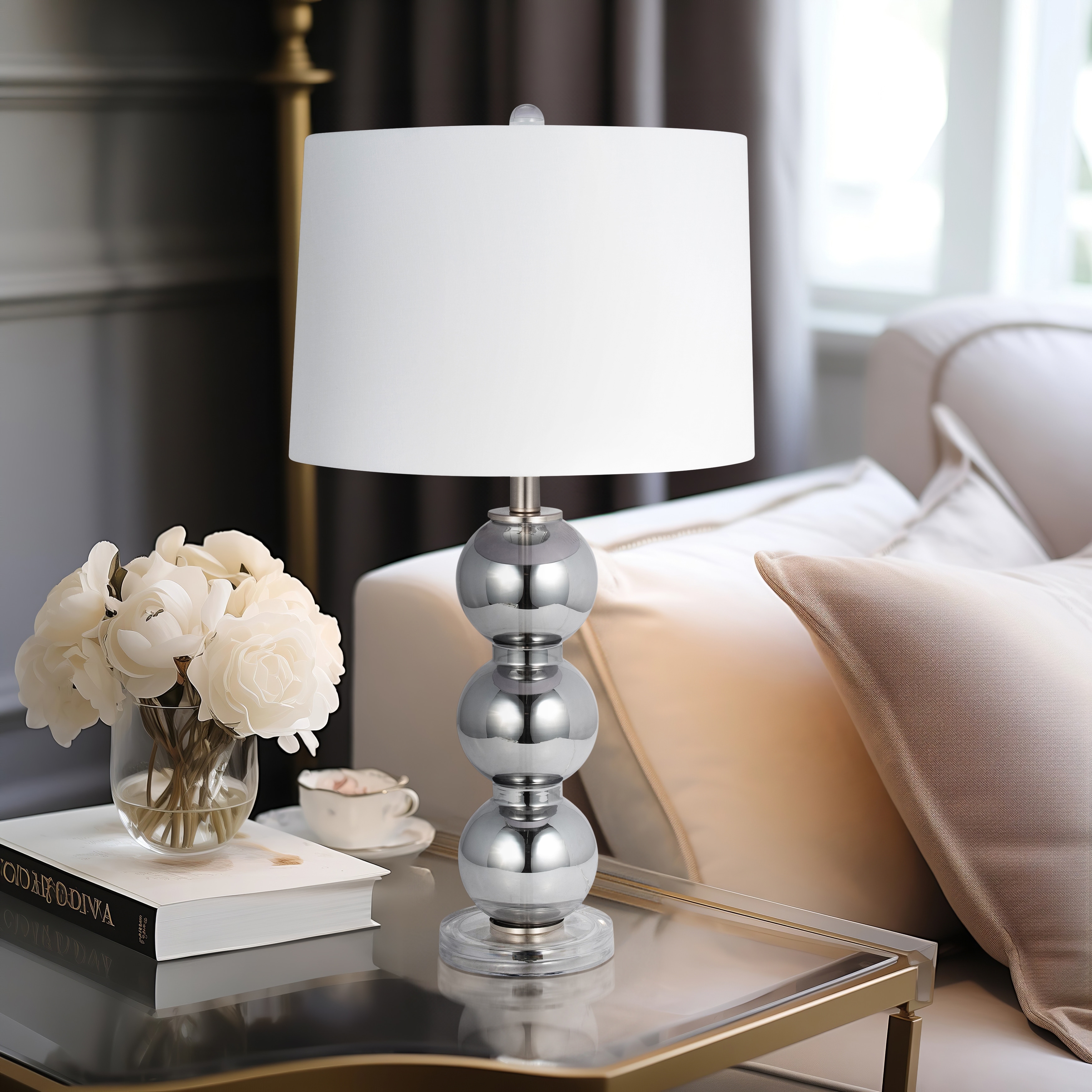 Sagebrook Home Modern Glass Orbs Table Lamp, Smoke Color, Metal Base, Linen Shade - 15" x 15" x 28"