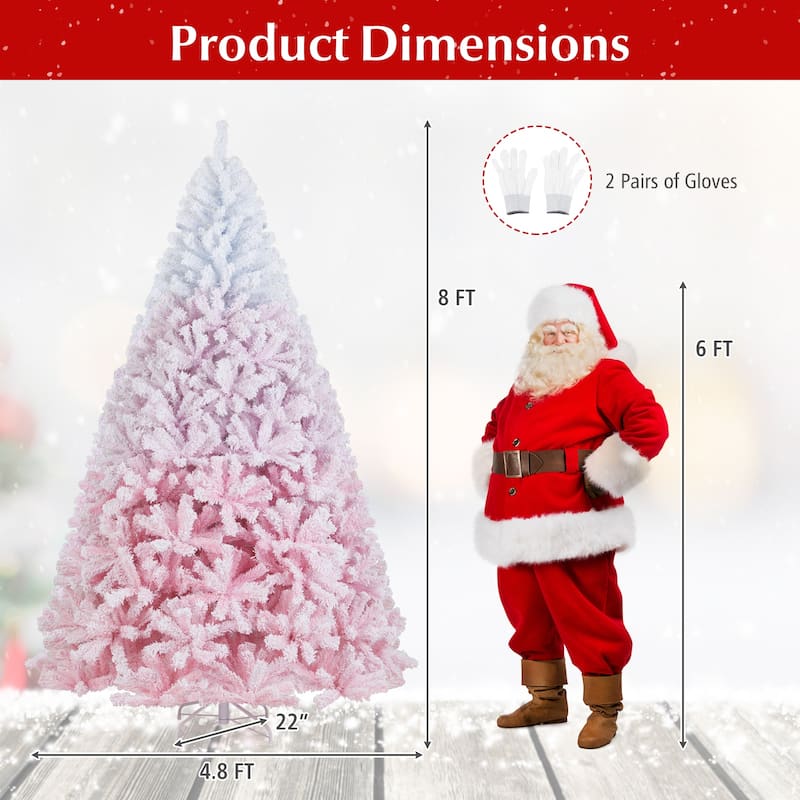 Gymax Artificial Christmas Tree Hinged Snow Flocked Xmas Tree w/ Lush - Pink, White