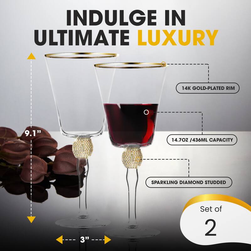 Berkware Luxurious and Elegant Sparkling Studded Long Stem Red Wine Goblet with Gold Rim