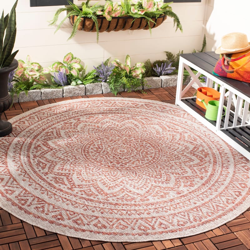 SAFAVIEH Courtyard Fran Mandala Indoor/ Outdoor Waterproof Patio Backyard Rug - 6'7" Round - Light Beige/Terracotta
