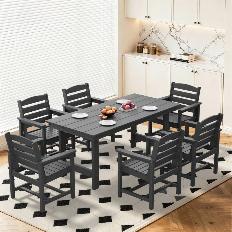 7-Piece HDPE Outdoor Dining Table Sets with Umbrella Hole - 1-Table 6-Chairs