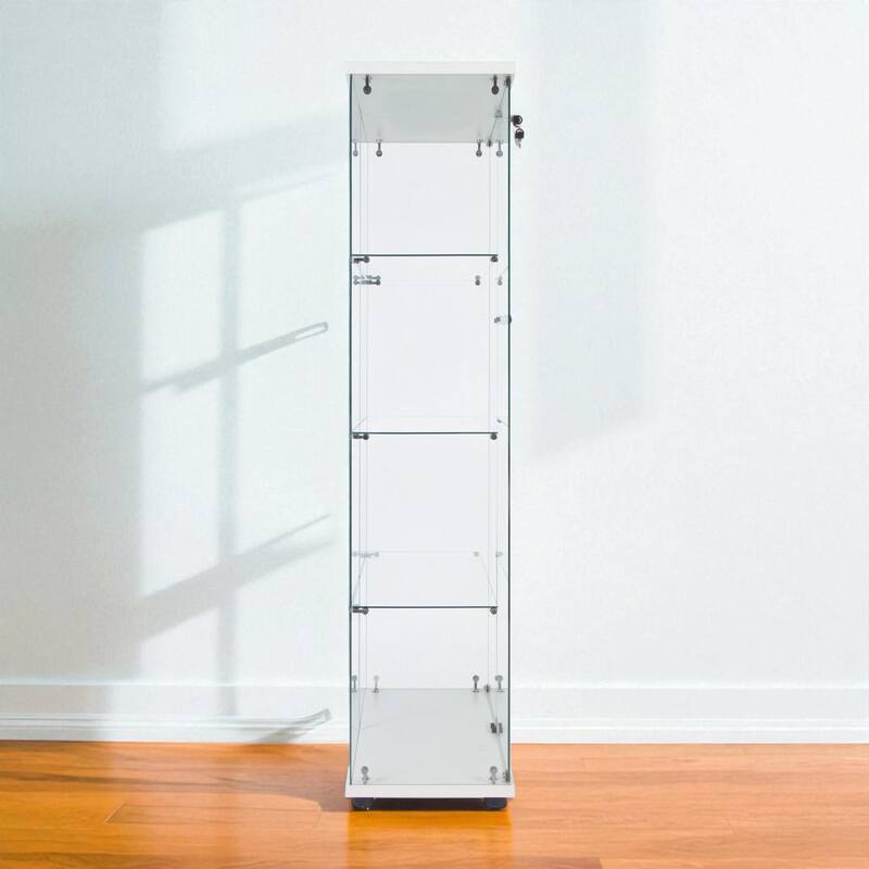 LED Glass Display Cabinet with 4 Shelves, Two Doors and Remote-Control Color Lighting