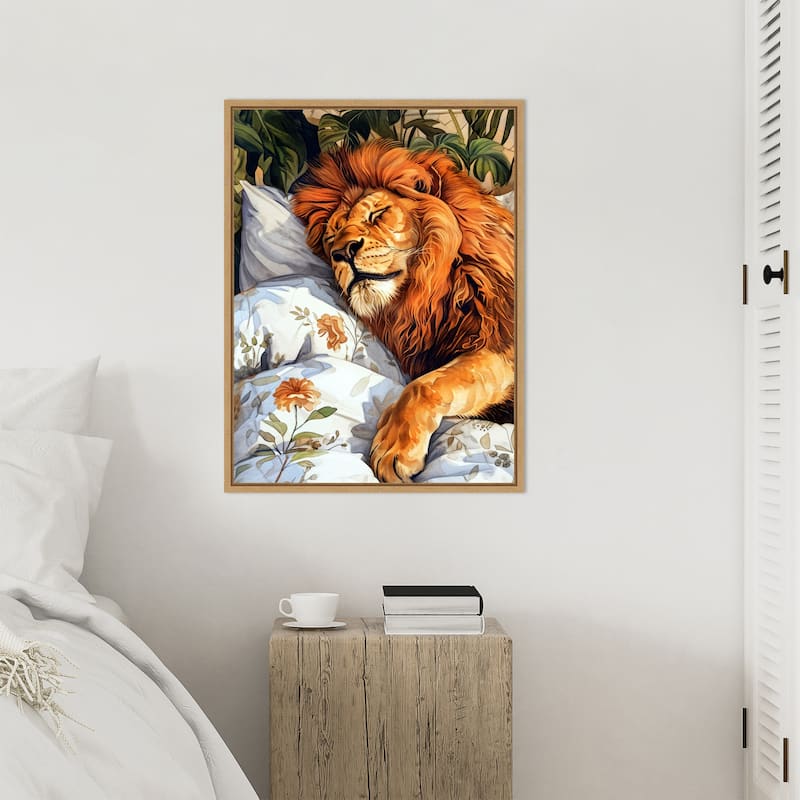 Animal Watercolor Art Lion Sleeping by Justyna Jaszke Framed Canvas Wall Art