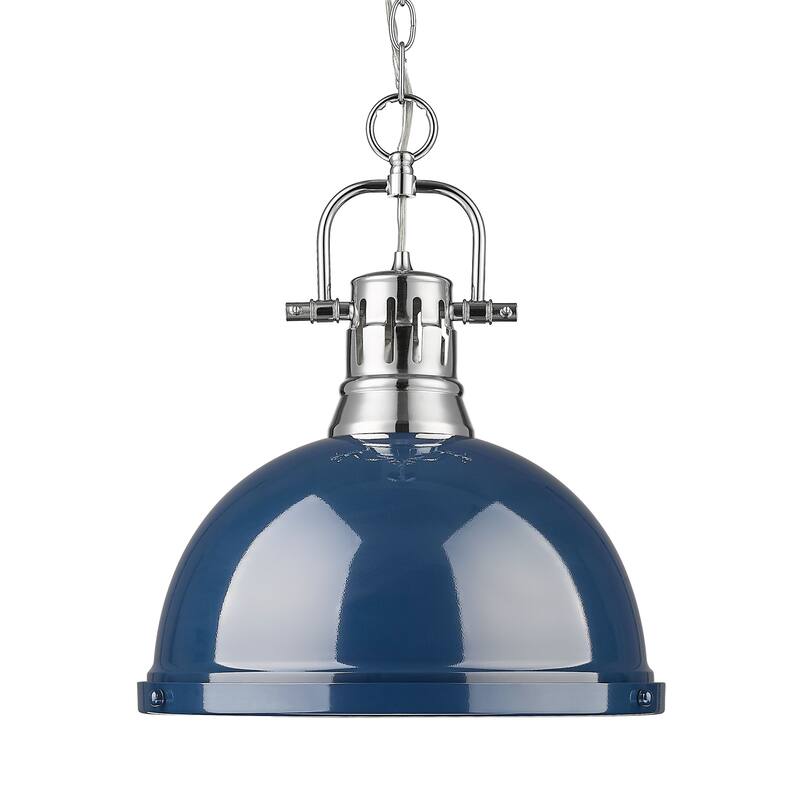Yep by Golden Lighting Duncan 1-light 14in Chain Hung Pendant in Chrome and Navy Blue shade