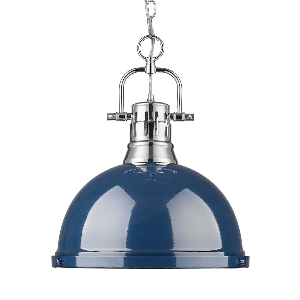 Yep by Golden Lighting Duncan 1-light 14in Chain Hung Pendant in Chrome and Navy Blue shade