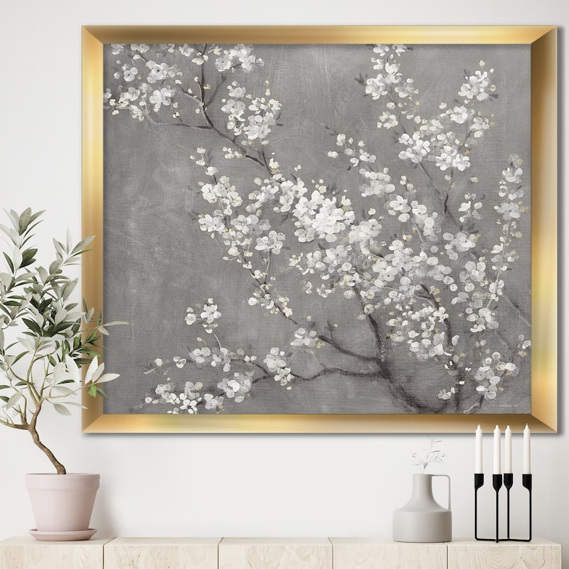 Designart "White Cherry Blossoms II" Traditional Framed Art Print - 16 in. wide x 16 in. high - Gold