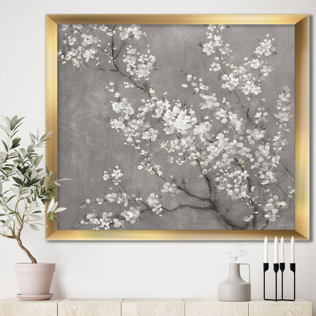 Designart "White Cherry Blossoms II" Traditional Framed Art Print