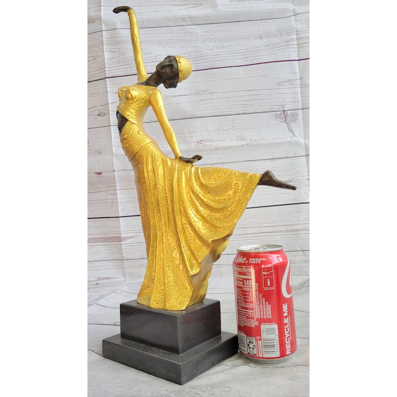 Chiparus Arabesque Dancer Gold Patina Bronze Sculpture Statue Art Deco Figure On Marble Base