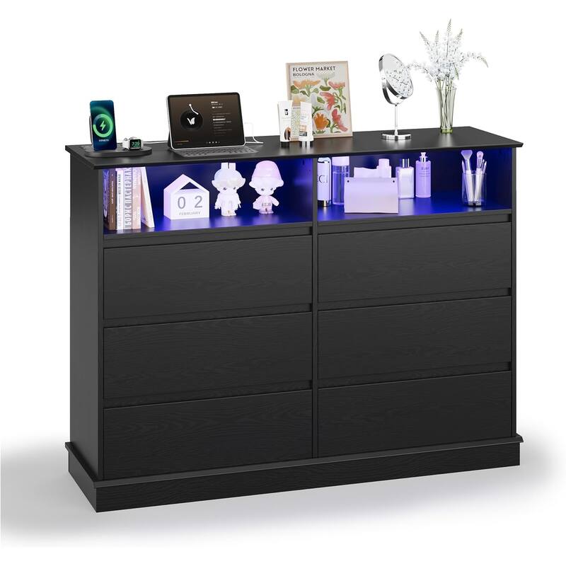 6-Drawer Dresser w/ LED Lights & Charging Station, Wide Storage