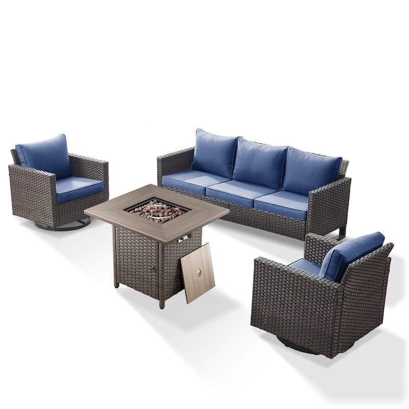 4 Pieces Fire Pit Table with Sofa Swivel Chair Set