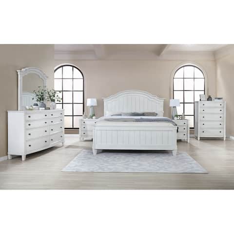 Saline Wood Camelback Planked Bed with Dresser, Mirror, Two Nightstands, and Chest