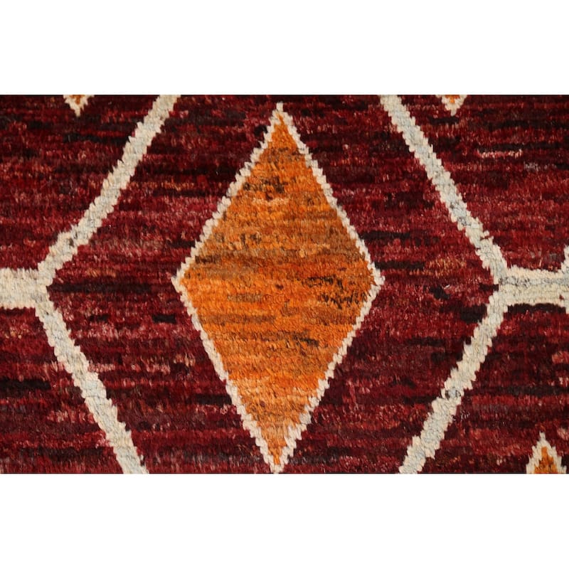 Hand Knotted Oriental 100% Wool Carpet Modern Geometric Red Moroccan Area Rug - 9' 10'' X 6' 8''