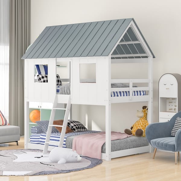 slide 2 of 9, Low Twin over Twin Bunk Beds with Roof and Fence-Shaped Guardrail - Safe and Stylish White - Twin
