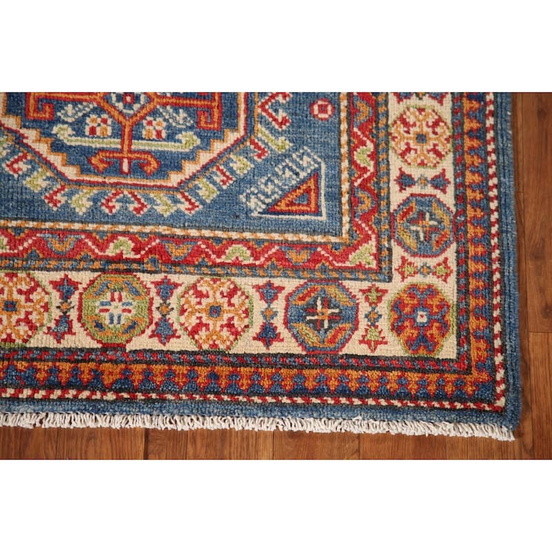 Blue Kazak Oriental Accent Rug Hand-Knotted Geometric Wool Carpet - 2'8"x 4'1"