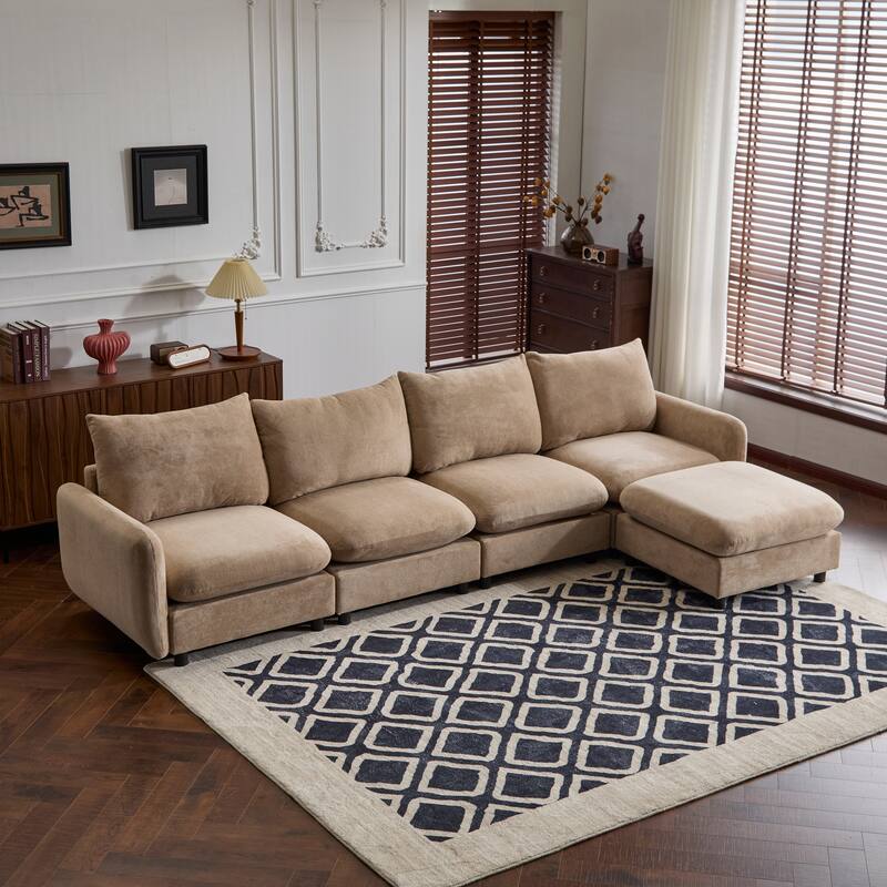 L Shaped Modular Sectional Sofa with Ottoman, Oversize Velvet Upholstered Sofa, 5 Seat Sofa with Removable Cushions