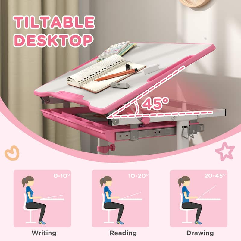 Height-Adjustable Kids Desk and Chair Set with Tilt Table and Drawer Pen Slots for Ages 6-12