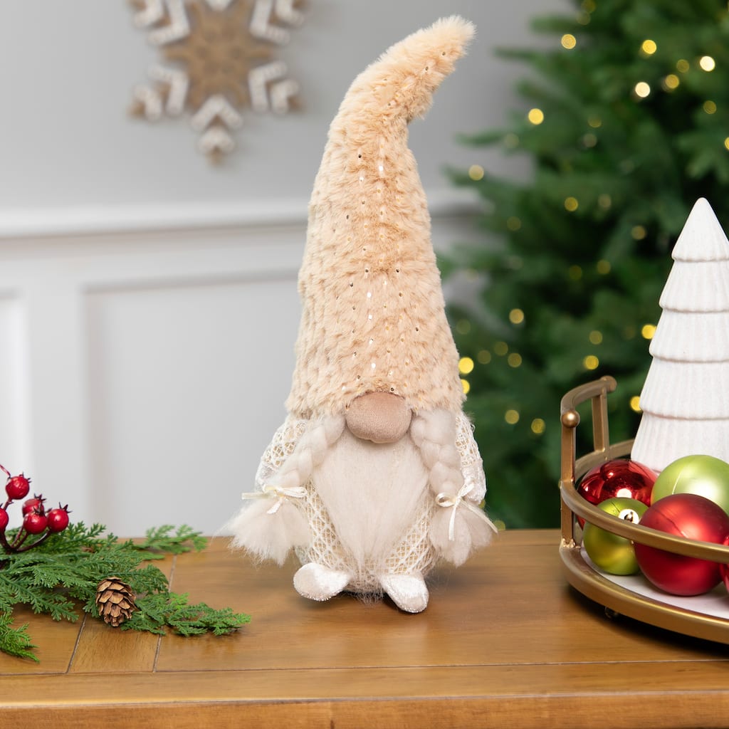 Girl Gnome in Faux Fur Hat Christmas Figure - 12" - Beige