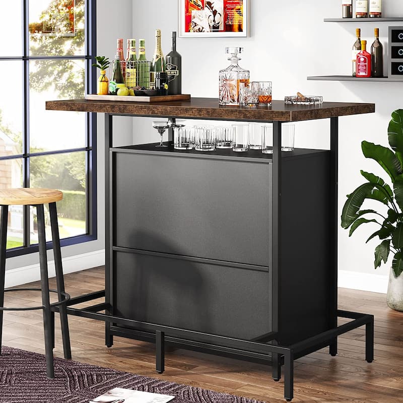 3-Tier Home Bar Unit with Glasses Holder and Wine Storage - 19.7"D x 47.24"W x 43.3"H