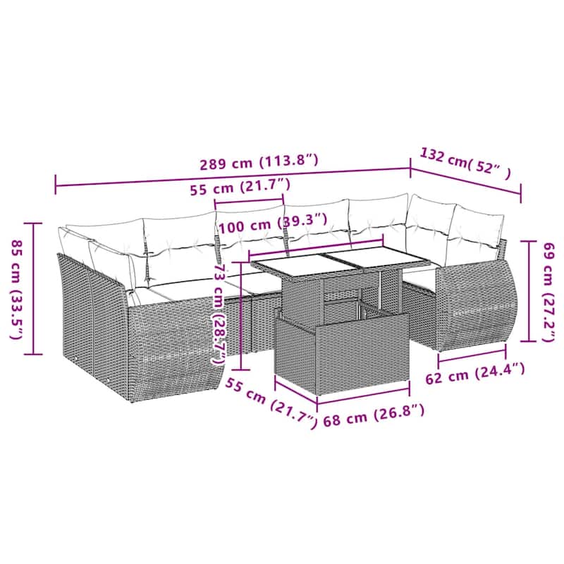 vidaXL Patio Sofa Set with Cushions Outdoor Furniture 8 Piece Poly Rattan - 24.4 x 24.4 x 27.2